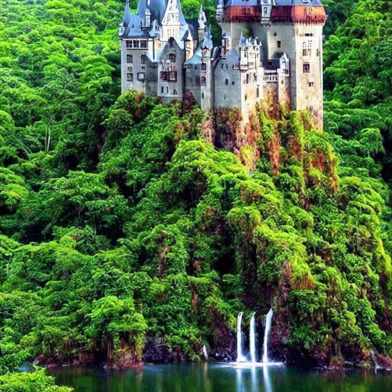 Castle with multiple spires on lush green hill with waterfall and lake