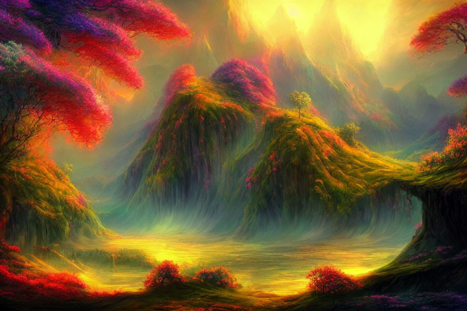 Colorful Fantasy Landscape with Flowering Trees and Green Hills