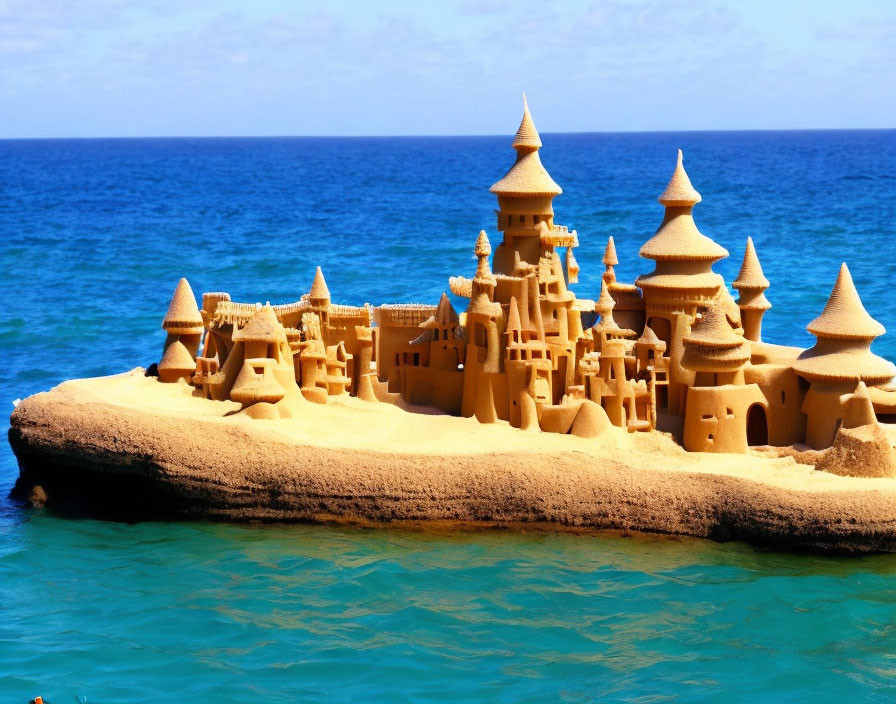 Detailed sandcastle with turrets and towers on beach by clear blue ocean