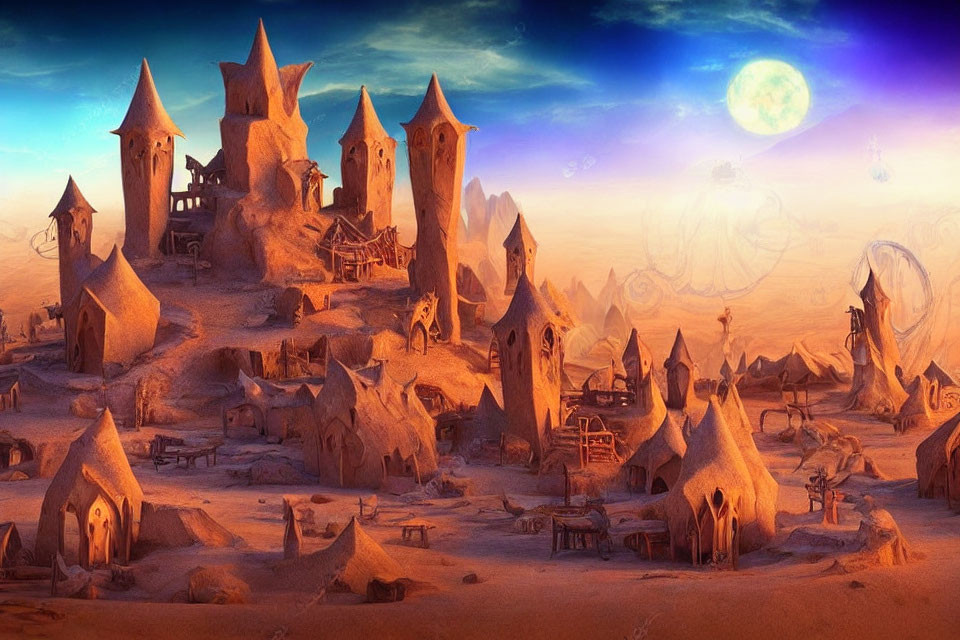 Fantasy desert city with tall spire-like buildings under a blue moon and starry sky