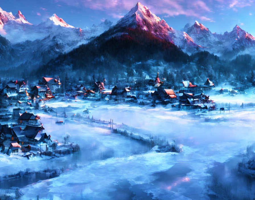 Snow-covered winter village at sunrise with misty frozen river