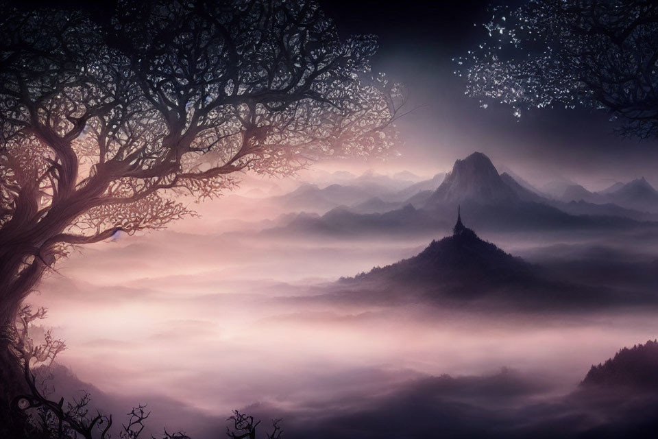Mystical landscape with silhouetted trees, glowing butterflies, and fog-covered mountains