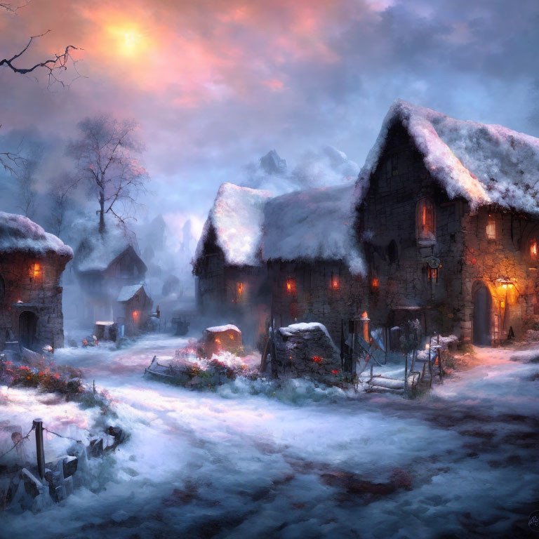 Snowy village scene at dusk with warmly lit cottages and glowing sunset