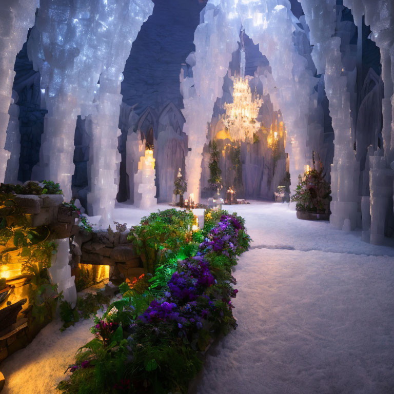 Vibrant flowers and glowing chandeliers in fantastical ice cave