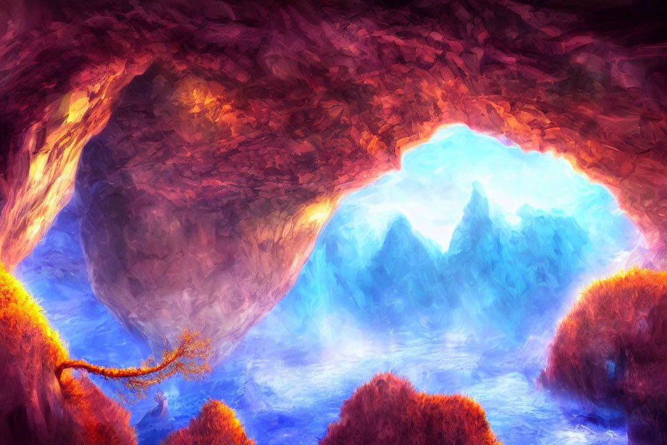 Colorful digital painting of mystical cave with blue lake and golden tree
