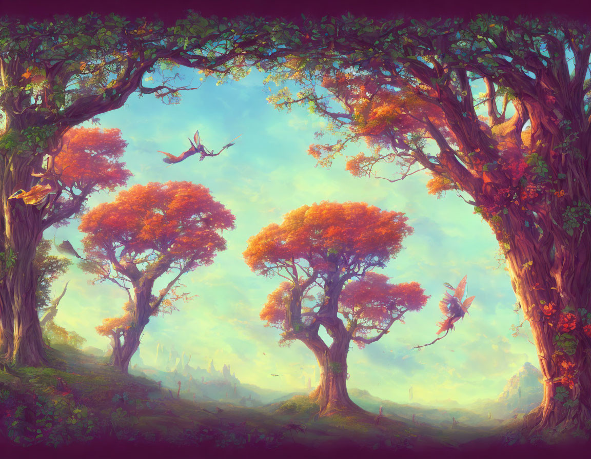 Vibrantly colored trees and dragons in a magical landscape