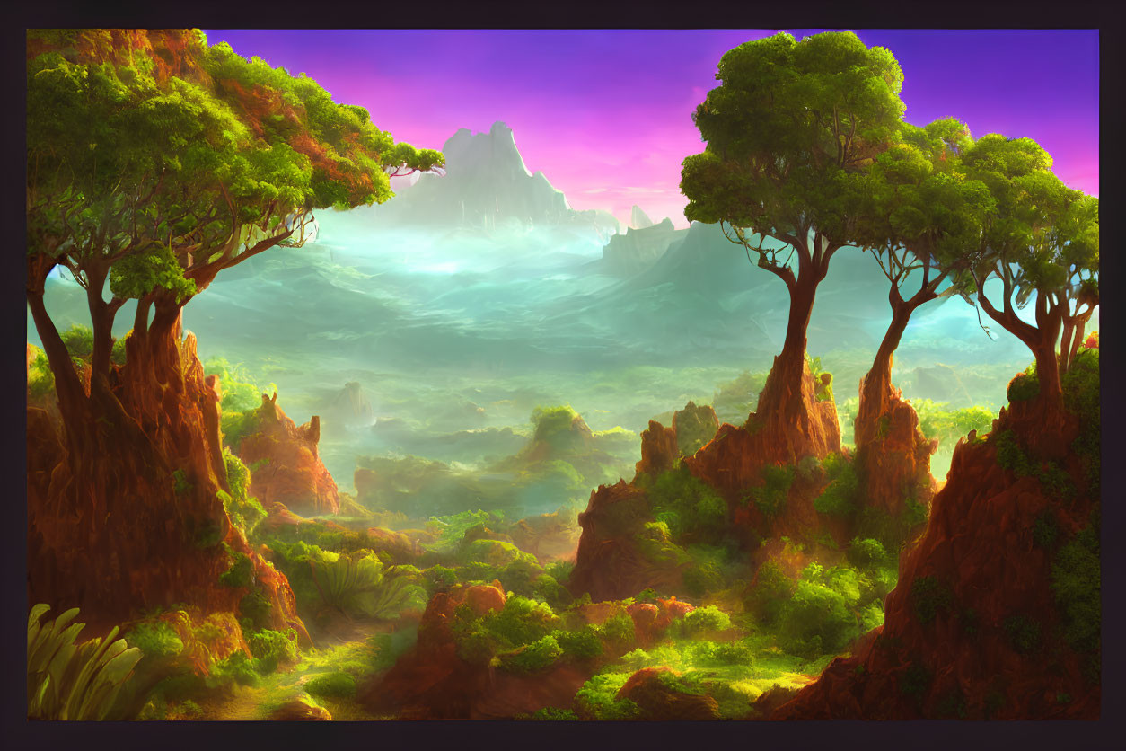 Fantasy landscape with towering trees, misty valleys, and distant mountains