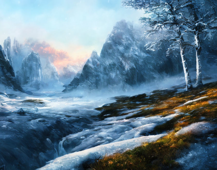 Snow-covered rocks, frosty trees, and frozen river in serene winter landscape