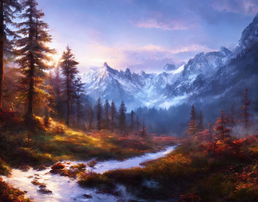 Tranquil landscape with stream, trees, mountains, and twilight sky