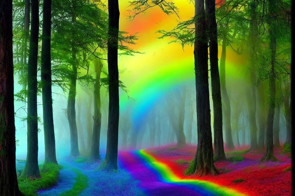 Vivid rainbow arches in misty forest with tall trees
