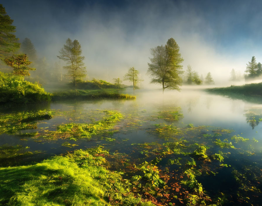 Tranquil misty lake sunrise with sunlight, greenery, and reflections