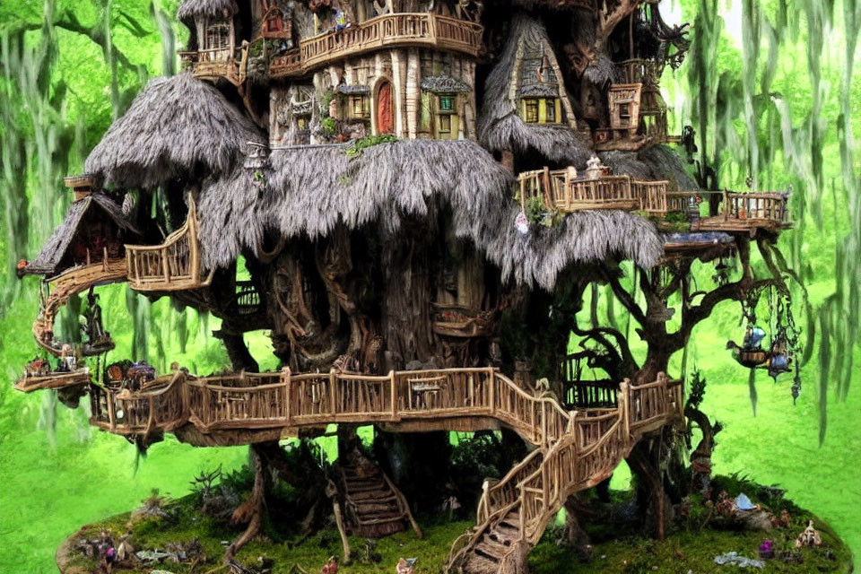 Fantastical multi-level treehouse with thatched roofs and wooden balconies