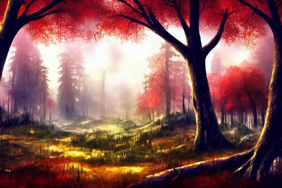 Vibrant red-leaved trees in misty forest scene