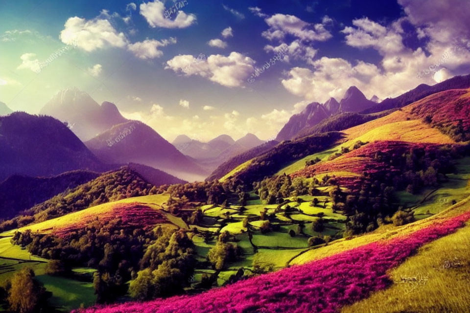 Scenic landscape with green fields, pink flowers, and mountains