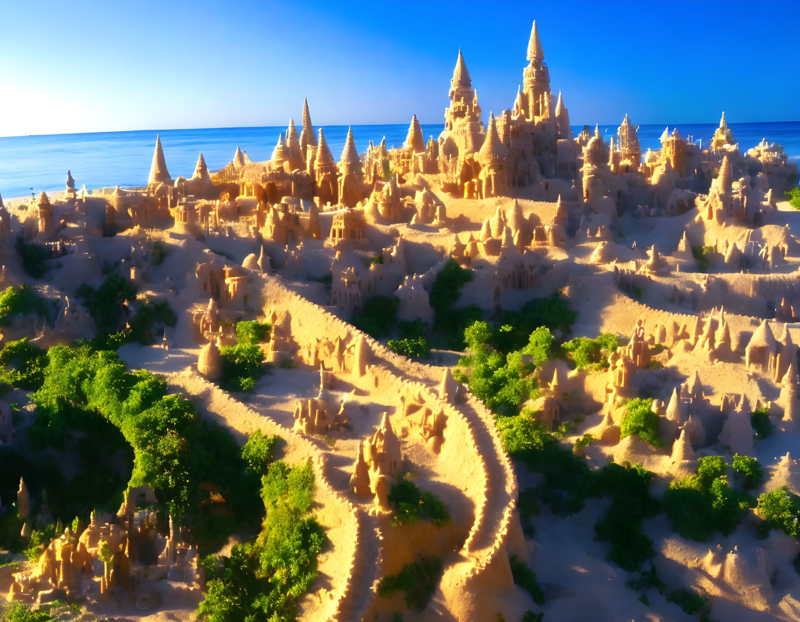 Sandcastle City with Towers and Pathways at Sunset Overlooking Ocean