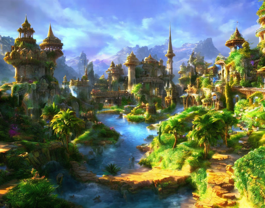 Fantastical landscape with golden-domed buildings and lush scenery