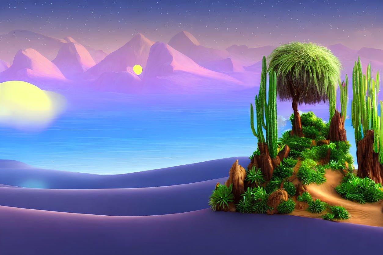 Digital art: Oasis in desert twilight with lush greenery, mountains, dusky sky