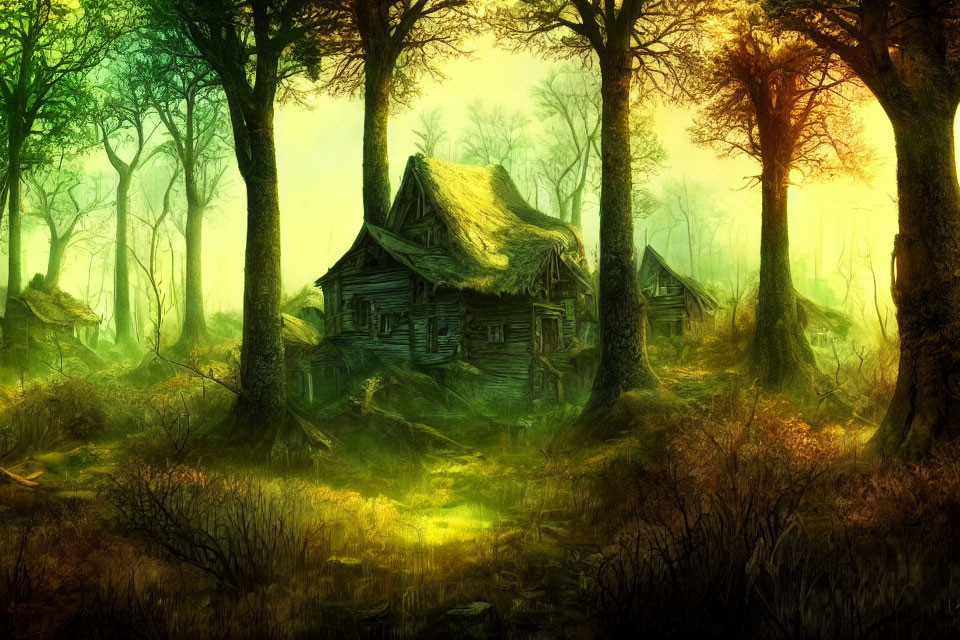 Sunlit forest clearing with overgrown cottage: serene and mystical
