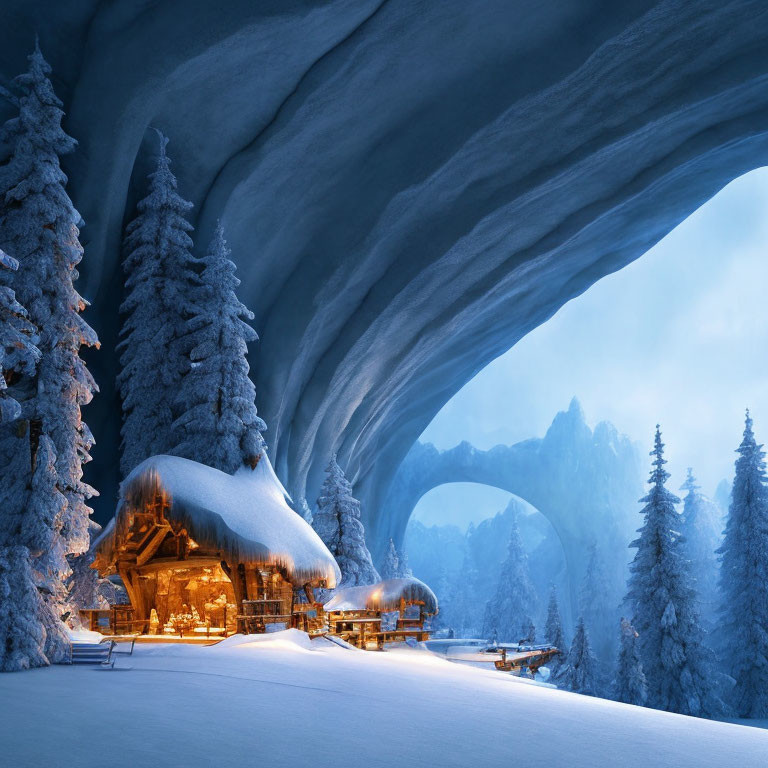 Snow-covered landscape with cozy cabin and ice formation under twilight sky