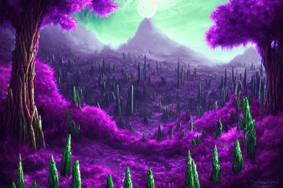 Fantasy landscape with purple foliage, crystalline structures, and looming mountain.