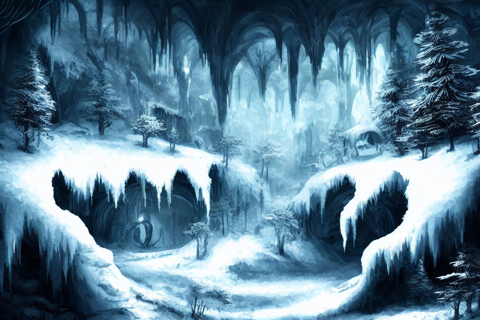 Snow-covered mystical winter forest with icy caverns and misty ambiance