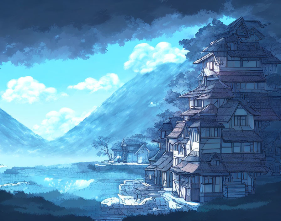Traditional Asian-style building by misty lake and mountains at twilight
