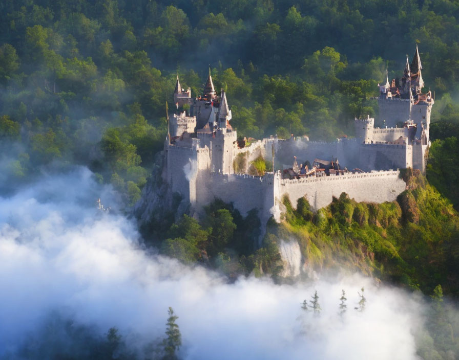 Majestic castle on forested hill in mystical mist