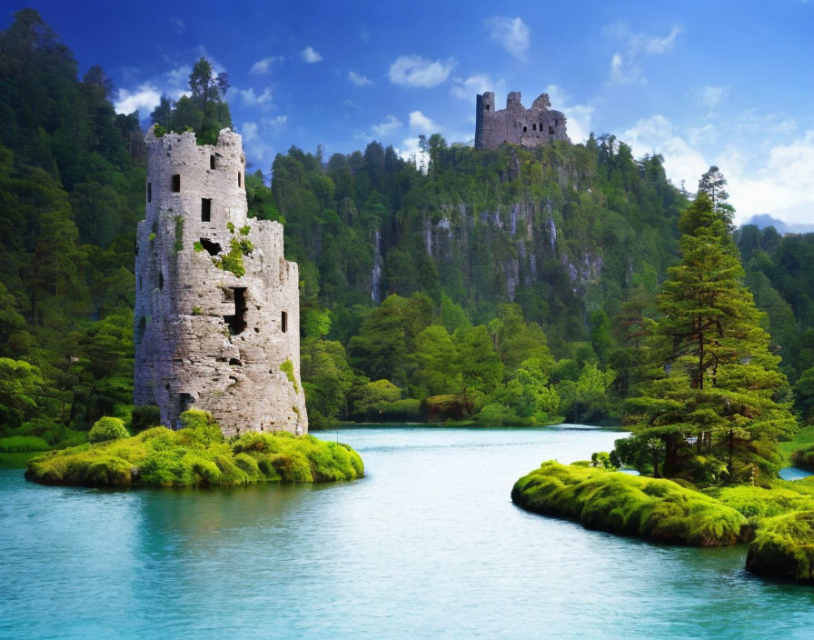Ancient castle ruins in lush forest by turquoise lake under blue sky