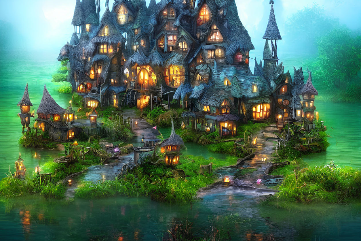 Whimsical village with glowing houses in lush greenery at dusk