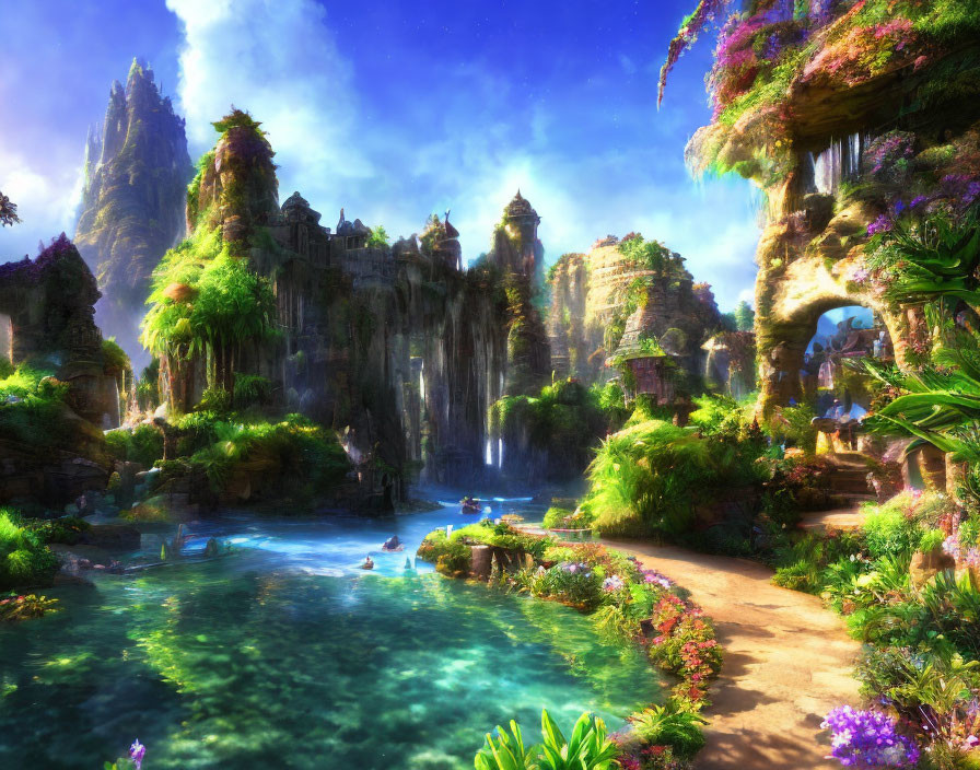 Majestic fantasy landscape with waterfalls, lush foliage, clear waters, and ancient ruins