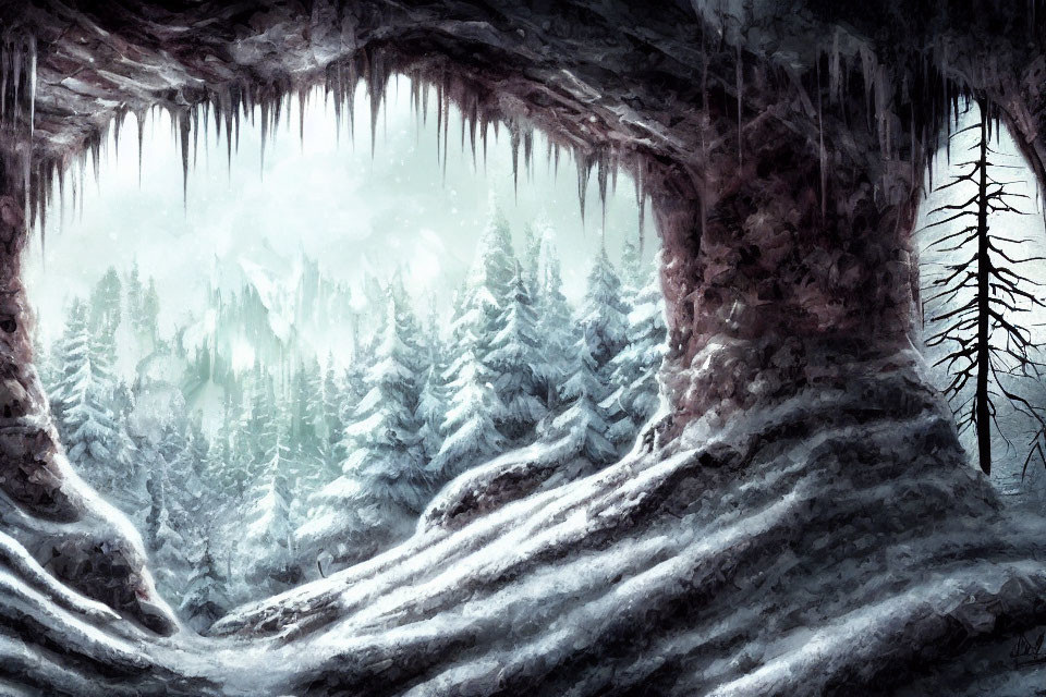 Snowy Cave View: Icicles, Pine Forest, Misty Atmosphere