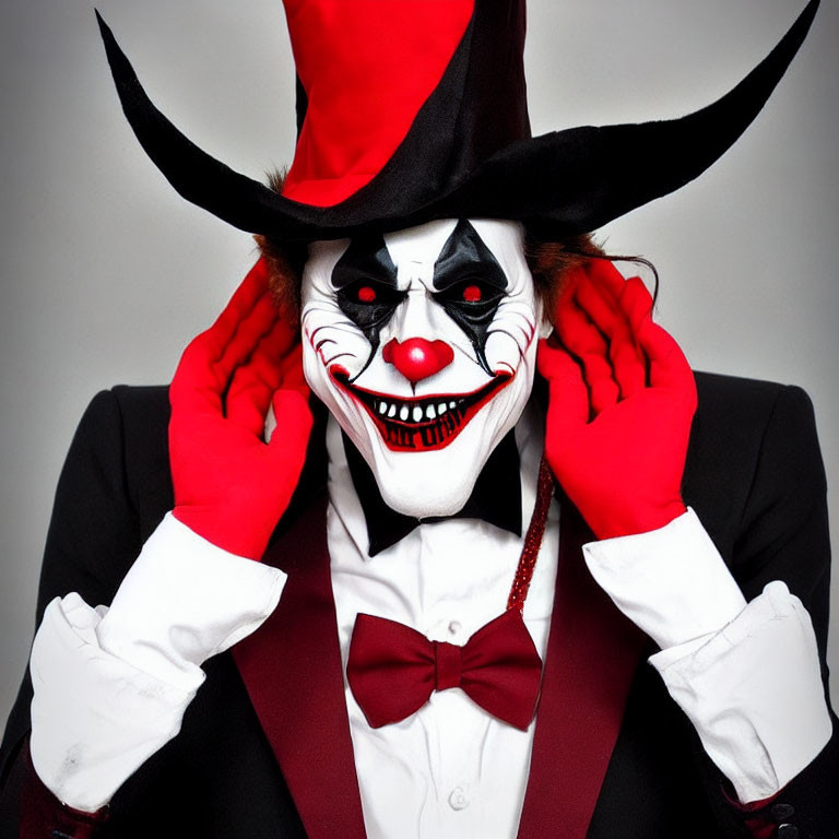Creepy clown costume with white face and top hat pose