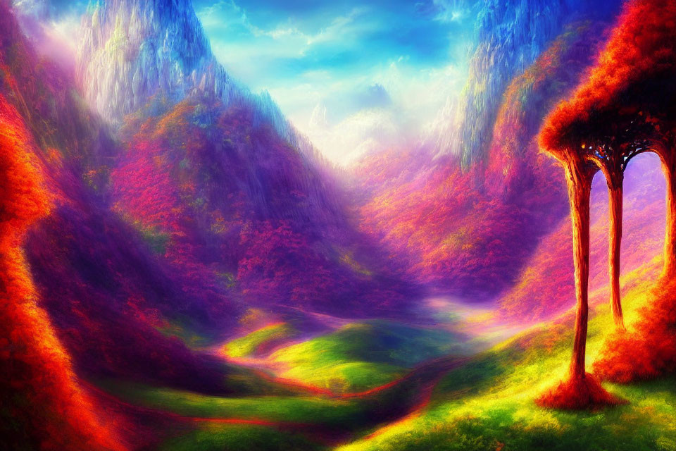 Colorful Fantasy Landscape with Path, Purple Grass, Trees, and Cliffs