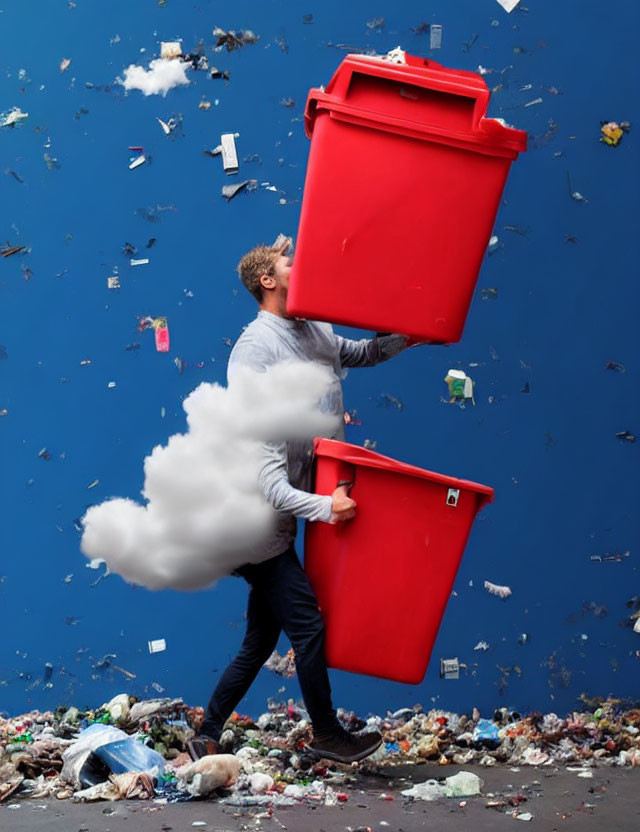 Person carrying large red bins on littered surface with trash cloud against blue backdrop