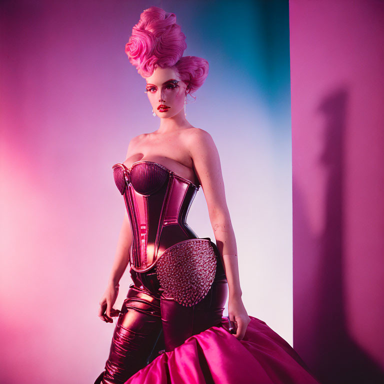 Person with dramatic pink updo and makeup in black corset and pink skirt on gradient background
