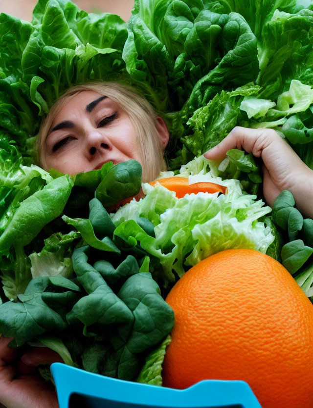 Person with Fresh Lettuce, Orange Slice, and Green Peas for Healthy Eating Concept