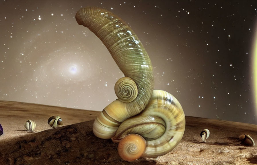 Oversized snail in surreal barren landscape with starry sky