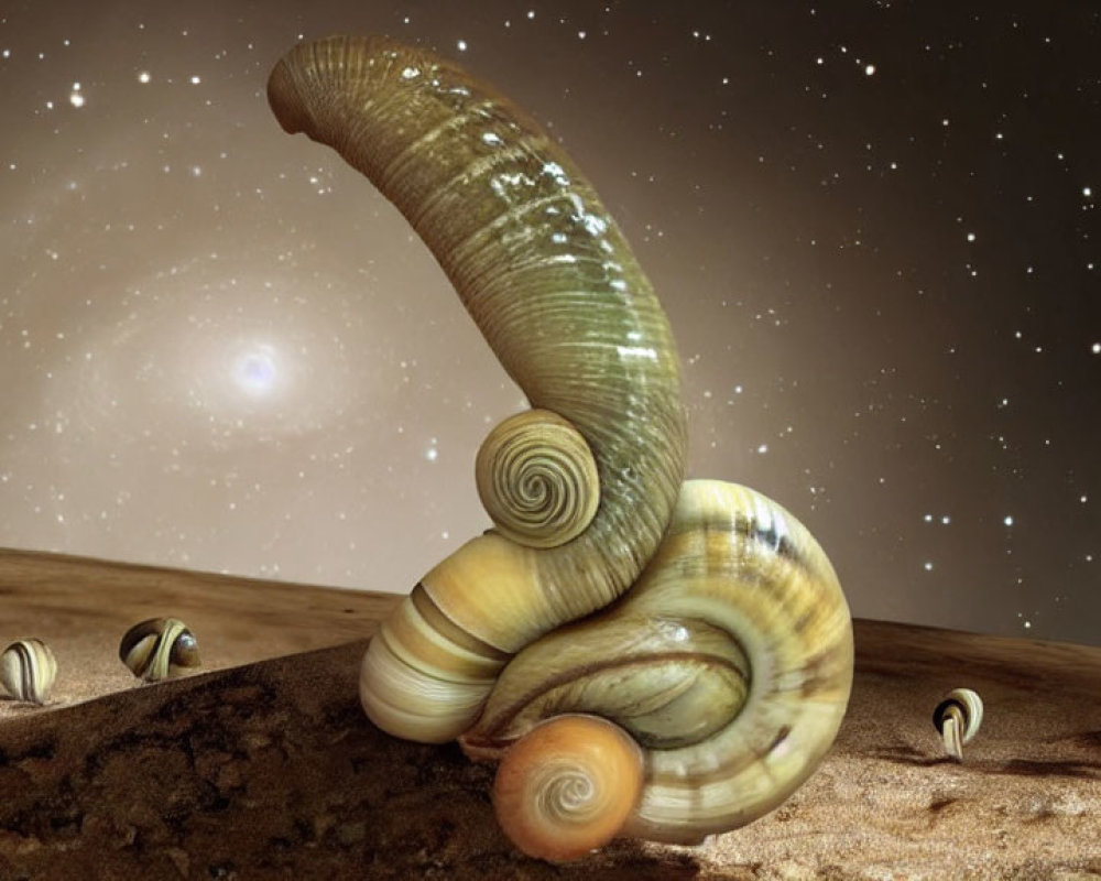 Oversized snail in surreal barren landscape with starry sky