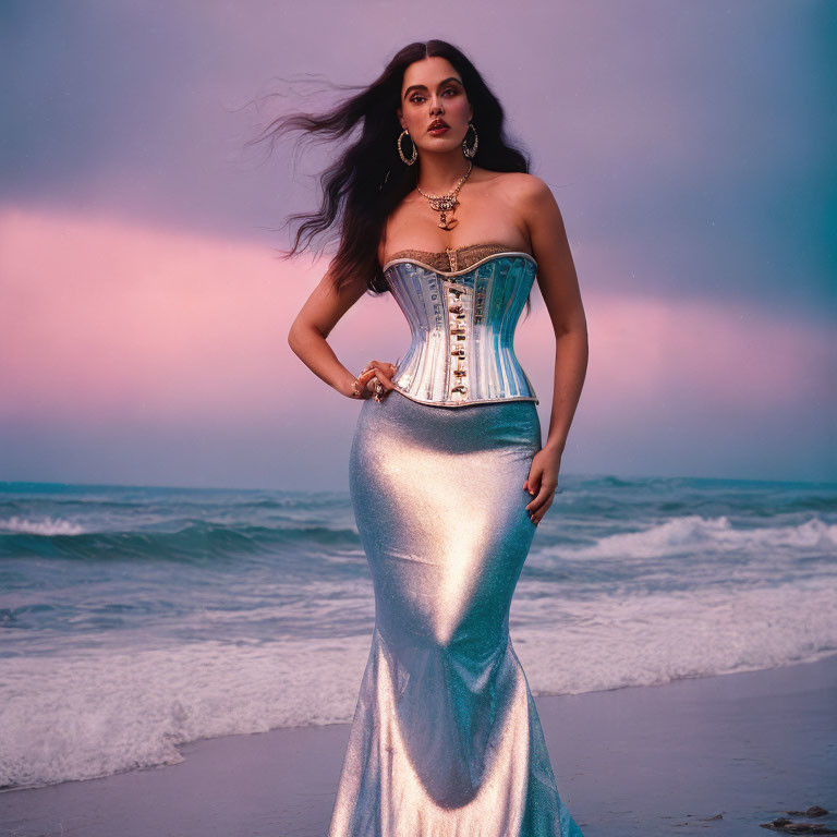 Woman in corset and shimmering skirt on beach at dusk with dramatic sky