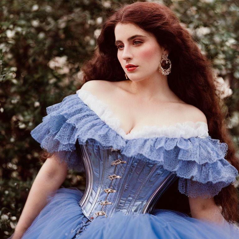 Victorian-style woman in blue dress with corset and ruffled collar
