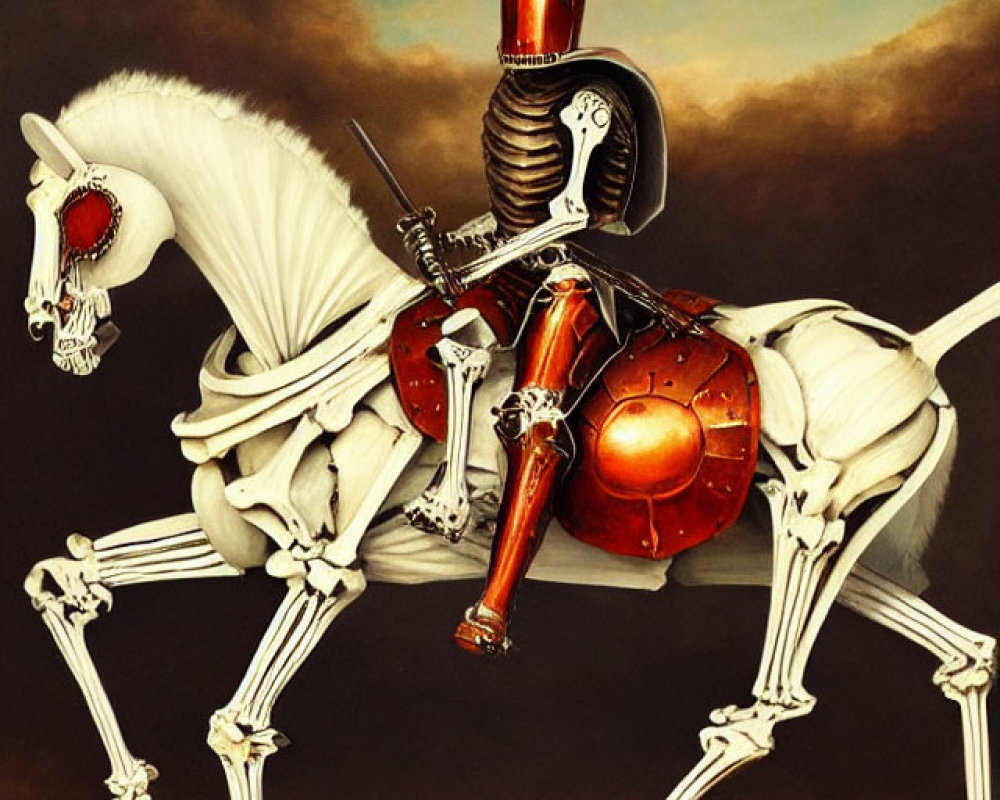Surreal skeleton knight and horse art on brown background