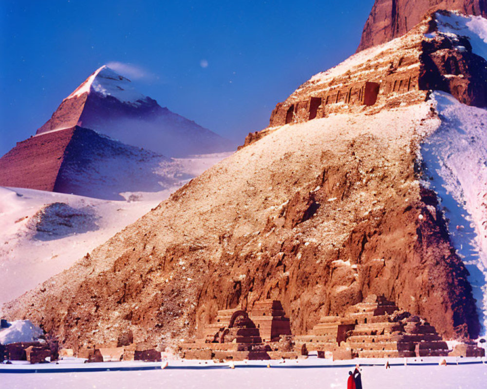 Snow-covered Egyptian Pyramids and Sphinx with solitary figure in red