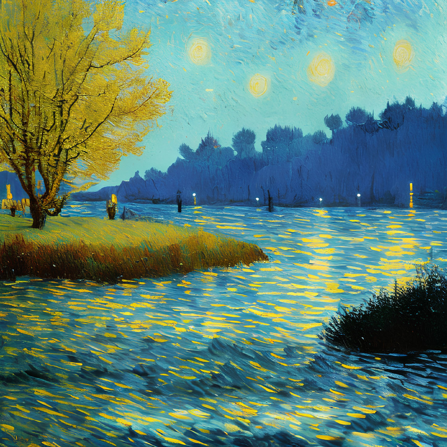 Impressionist painting of starry night over river with glowing yellow tree