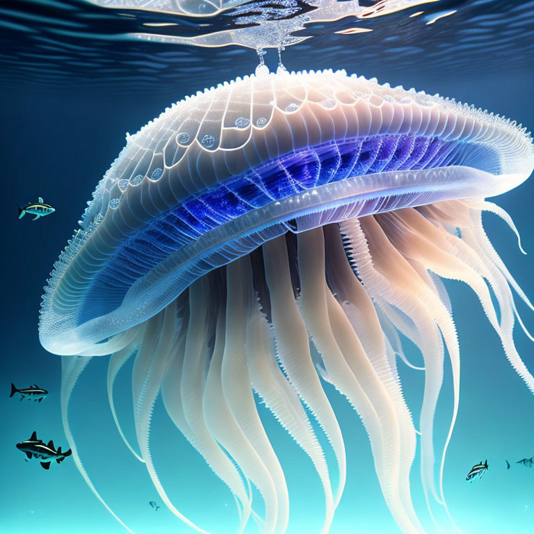 Translucent jellyfish with blue tint in deep blue underwater scene