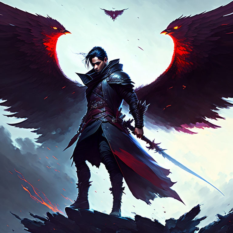 Stylized character with sword and red glowing wings in dark fantasy scene