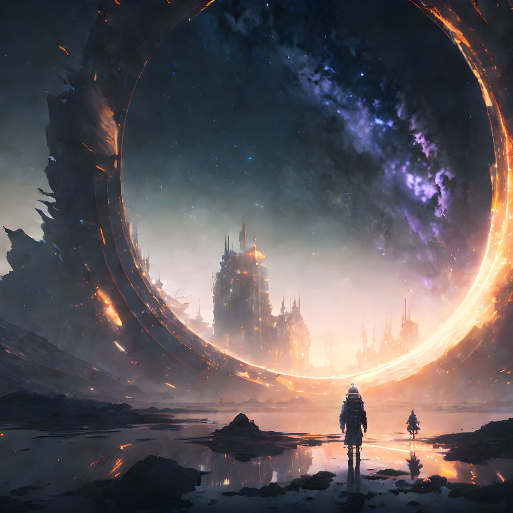 Person standing before illuminated portal overlooking futuristic city and celestial backdrop.