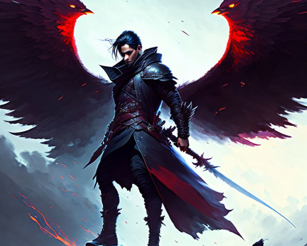 Stylized character with sword and red glowing wings in dark fantasy scene