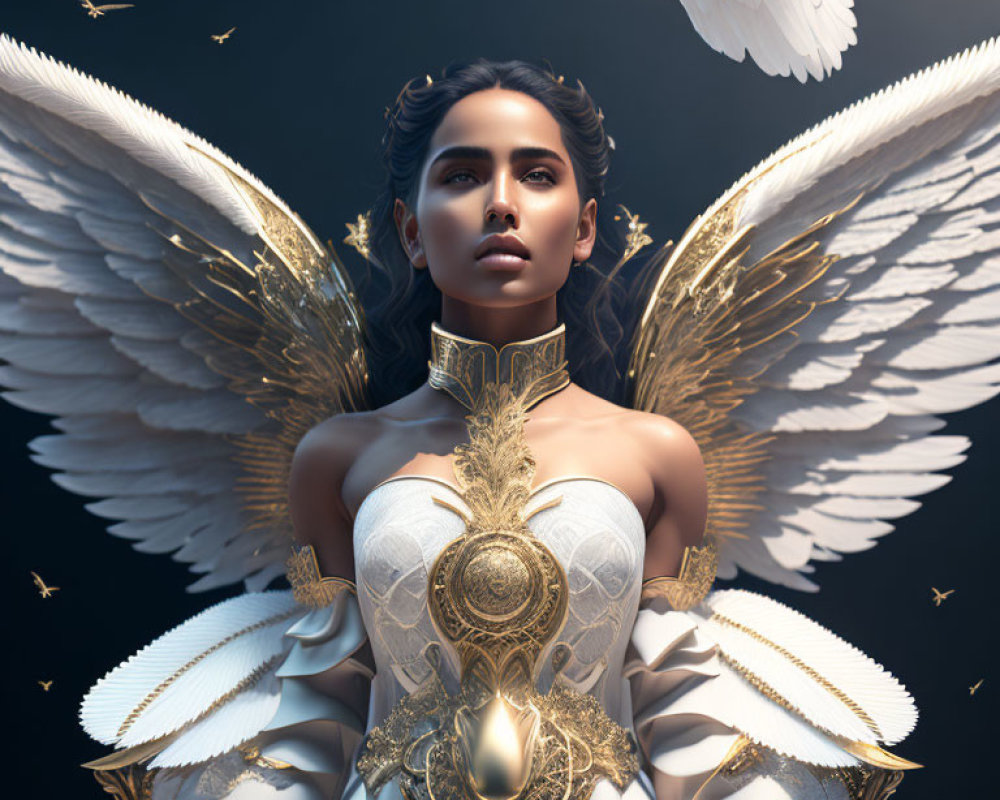 Golden-eyed ethereal being in ornate gold and white armor with large white wings, surrounded by lumin