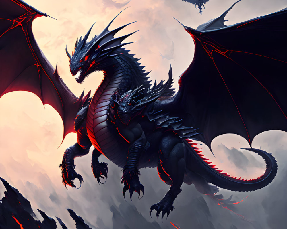 Majestic two-headed dragon with dark wings in stormy sky