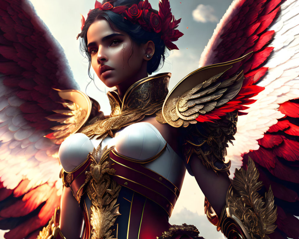Fantasy warrior digital art with red angelic wings and golden armor